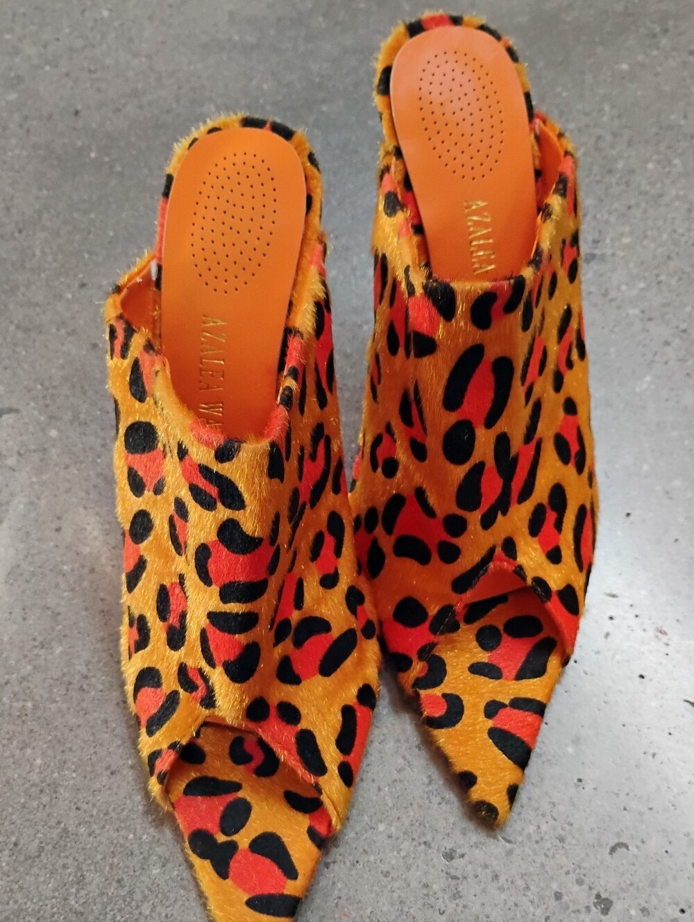 Azalea Wang Orange Leopard Print Calf Hair Pointed-Toe Mule Heels